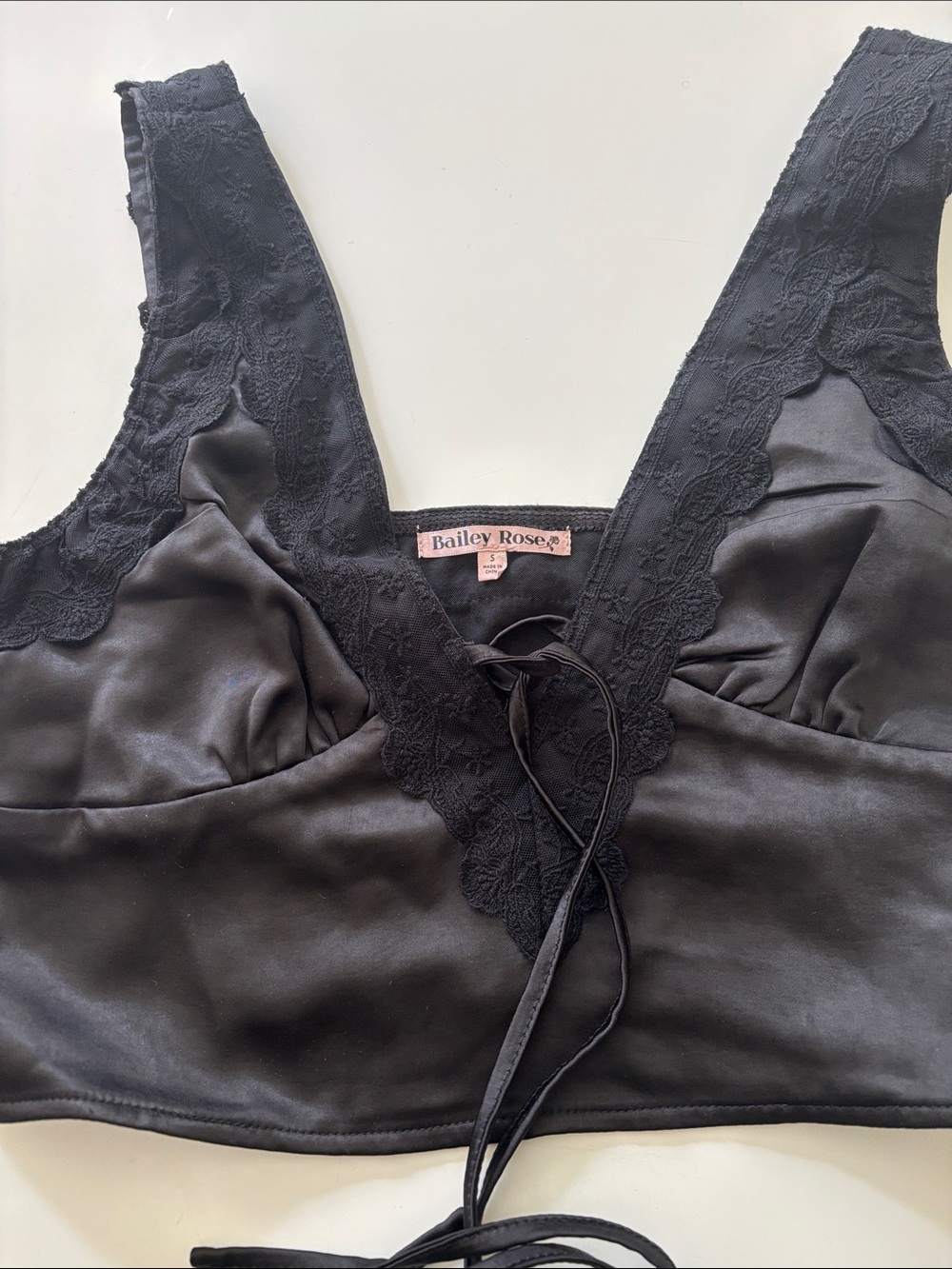 Bailey Rose Black Satin Lace-Trim Bralette